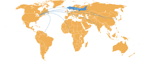 A world map with a plane symbolising the migration of people