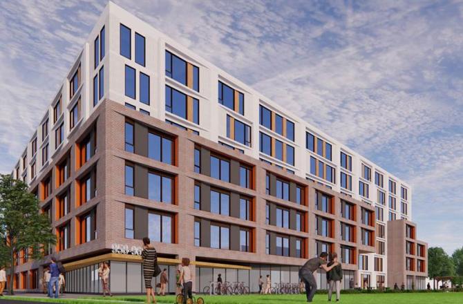 Rendering of new development at East Ave., Mississauga with people in the foreground.