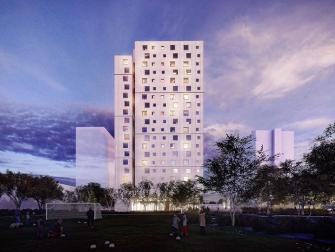 Rendering of Chelsea Gardens project from soccer field in the evening. These are conceptual images and subject to change.