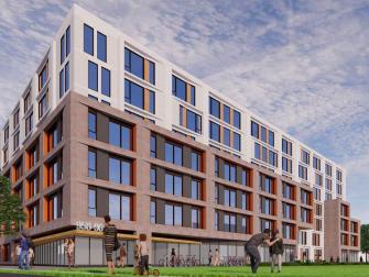 Rendering of new development at East Ave., Mississauga with people in the foreground.