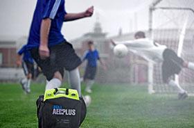 An A E D on a soccer field.