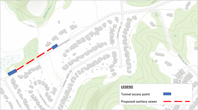 map indicating tunnel access point and sanitary sewer