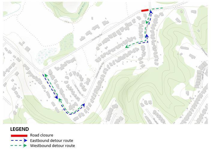 map indicating road closure and detour route
