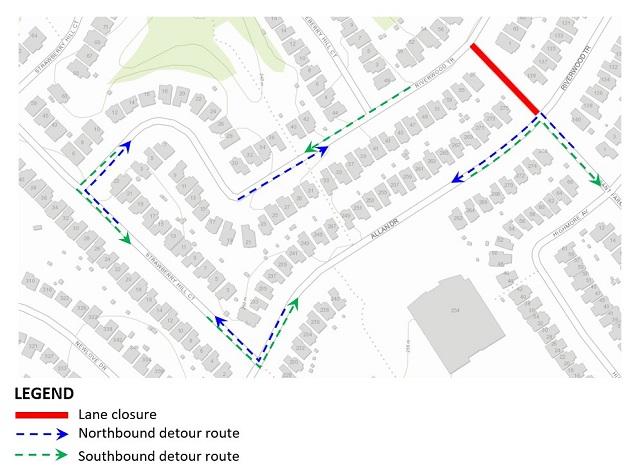 map indicating lane closure and detour routes