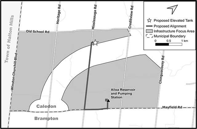 sample illustration display of proposed elevated tank location, Mississauga Road and Old School Road intersection, south of Old School Road