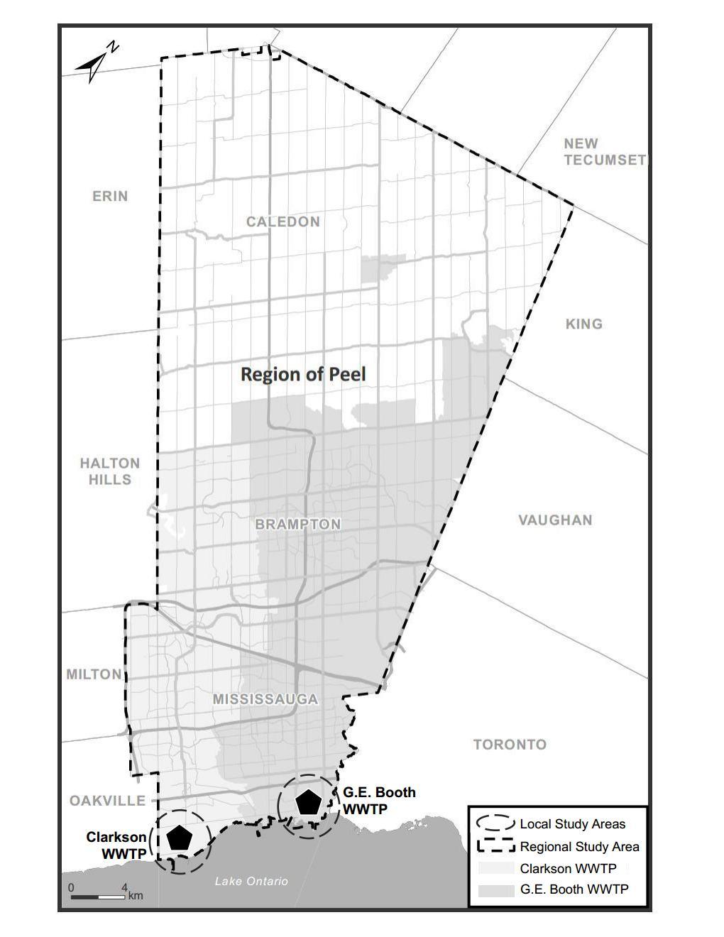 sample display illustration of the Clarkson and GE Booth treatment plants, located South East in Peel Region, within the city of Mississauga