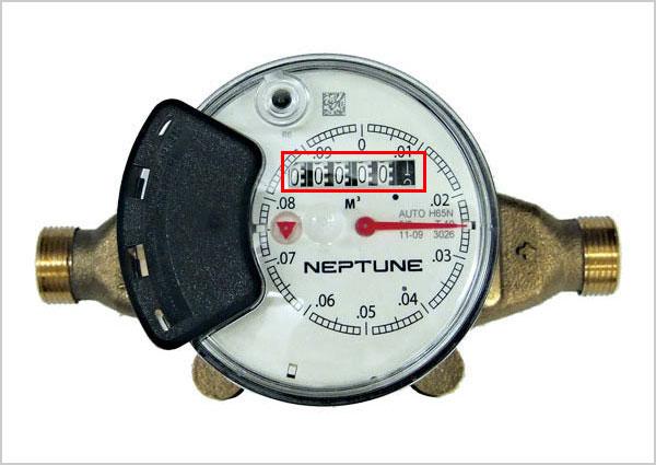 Water meter with odometer highlighted