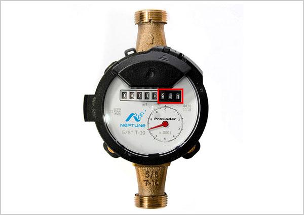 Water meter with 3 black wheels with 3 black wheels highlighted
