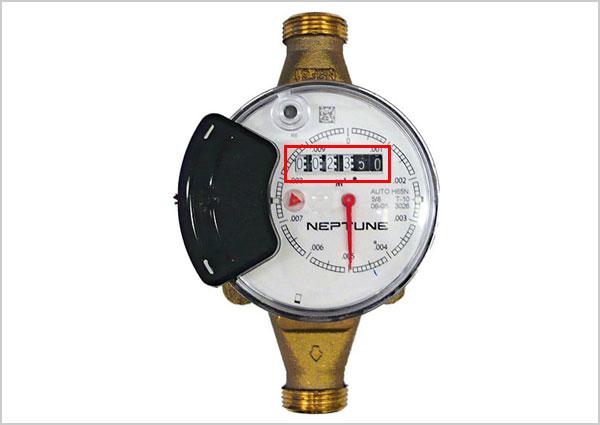 Water meters with 2 black wheels with odometer highlighted