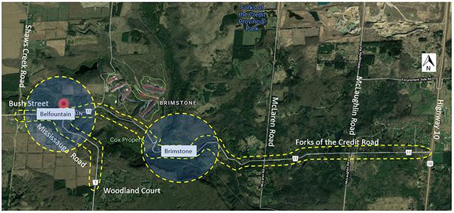 sample illustration map of Belfountain and Brimstone parking areas