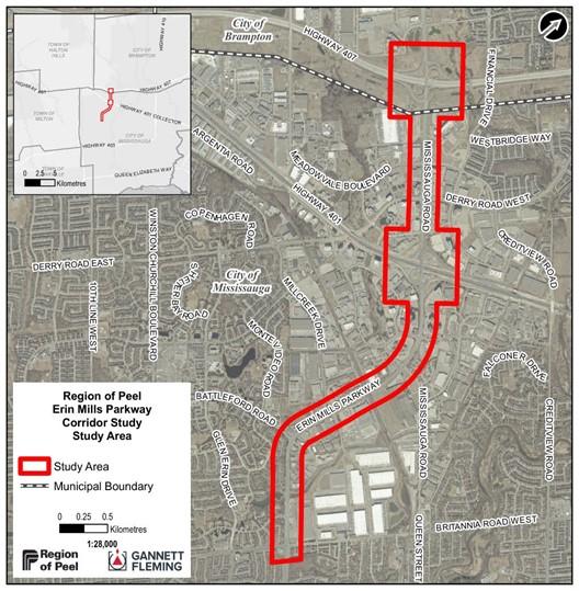 sample map illustration of Erin Mills Parkway corridor study, study area